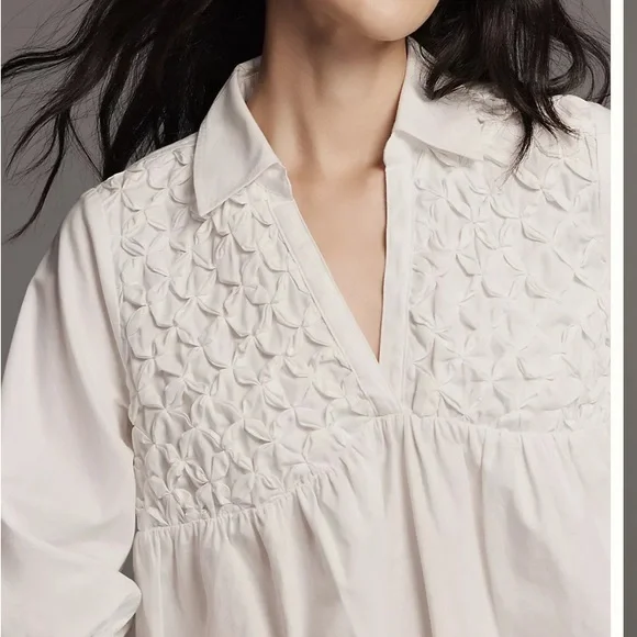 Maeve Smocked Babydoll Top Medium White Poplin Puff Sleeve Feminine Chic - Picture 4 of 10